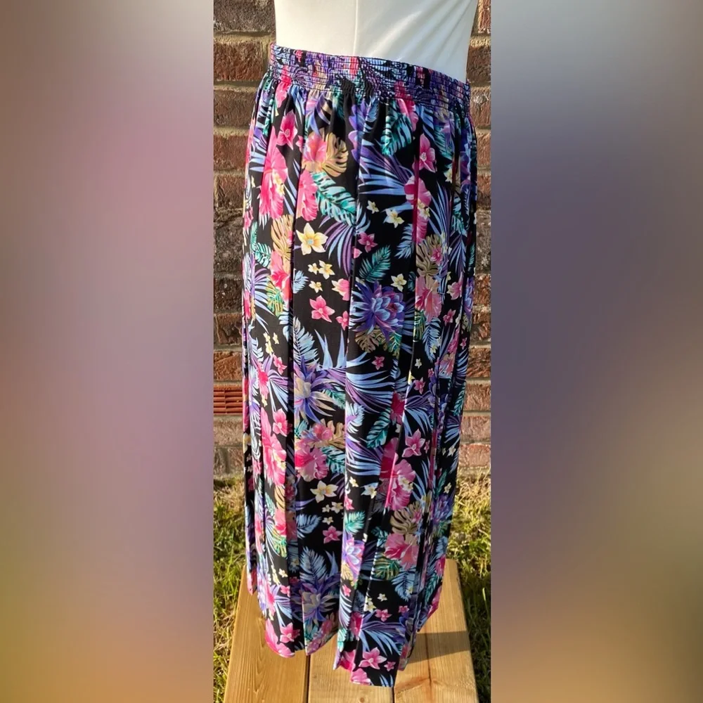 Vintage Floral Print Pleated Skirt Knee Length Midi Tropical Print Size M - Picture 5 of 7
